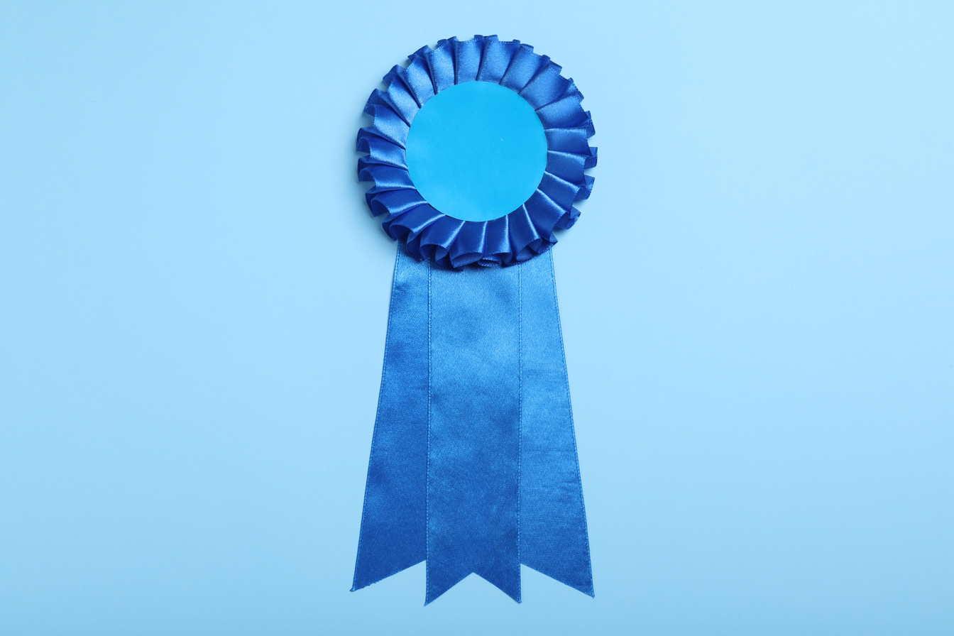 Blue Award Ribbon on Turquoise Background, Top View