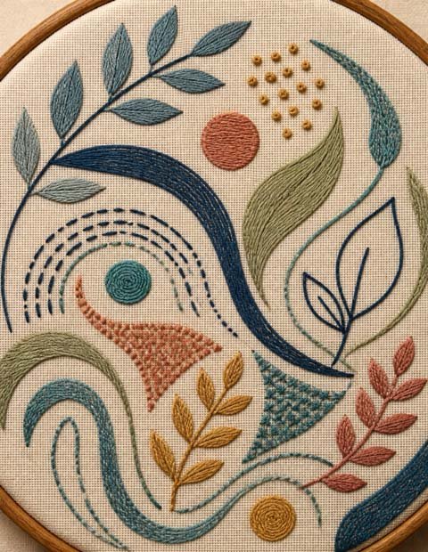 Close-up of colorful abstract hand embroidery stitched on cream fabric in a wooden hoop.